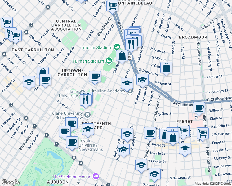 map of restaurants, bars, coffee shops, grocery stores, and more near 2604 Palmer Avenue in New Orleans
