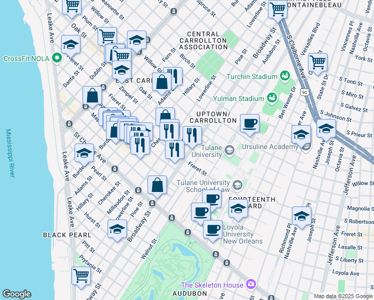 map of restaurants, bars, coffee shops, grocery stores, and more near 7226 Zimple Street in New Orleans