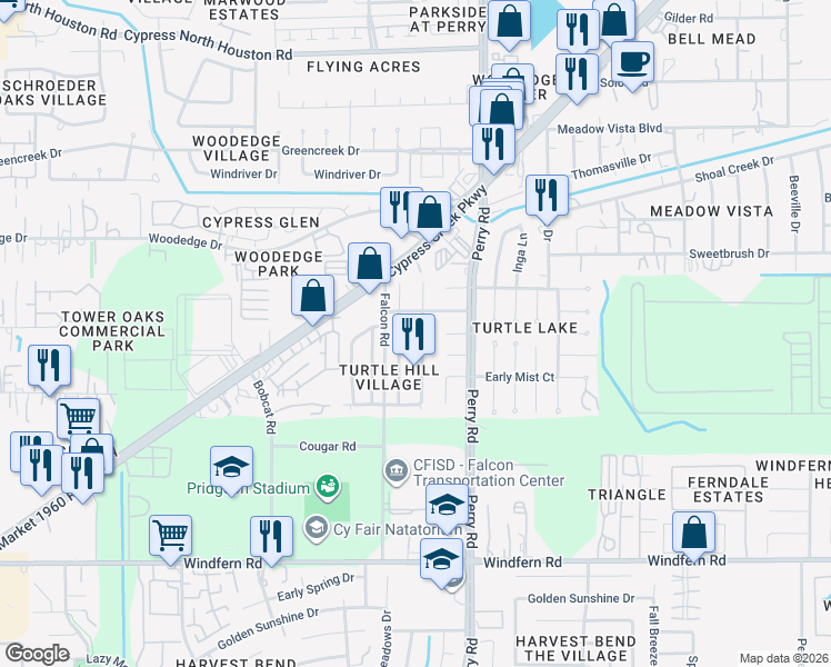 map of restaurants, bars, coffee shops, grocery stores, and more near 11631 Henley Drive in Houston