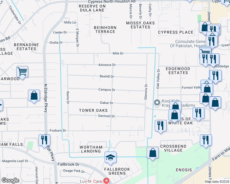 map of restaurants, bars, coffee shops, grocery stores, and more near 11719 Campos Drive in Houston