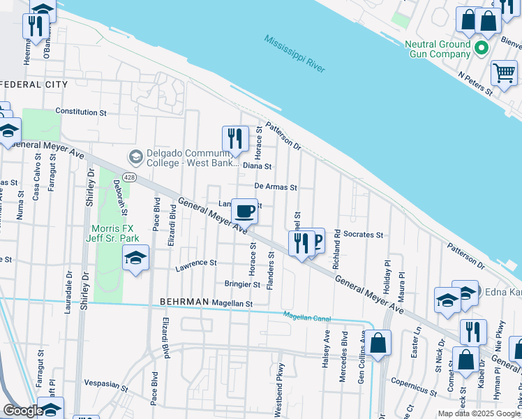 map of restaurants, bars, coffee shops, grocery stores, and more near 3313 Lamarque Street in New Orleans