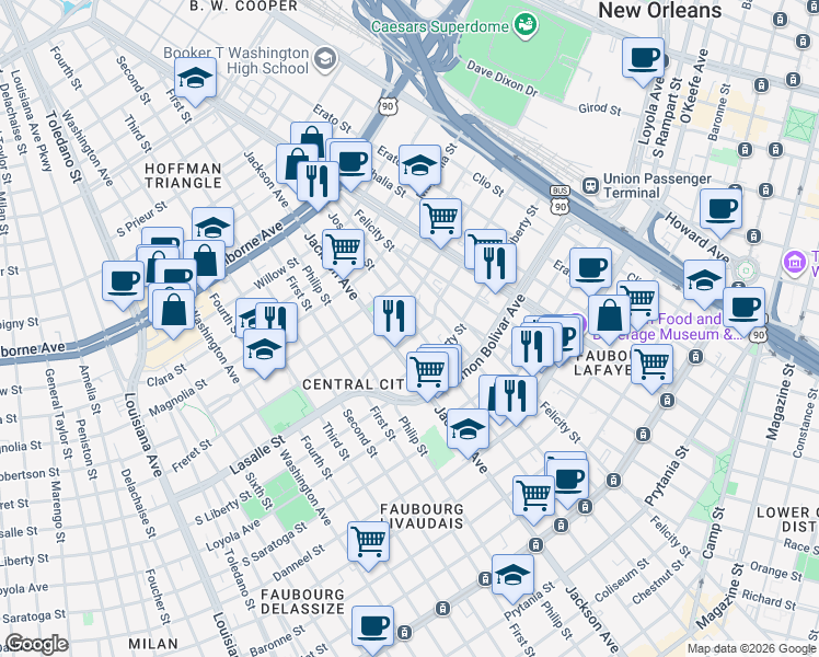 map of restaurants, bars, coffee shops, grocery stores, and more near 2408 Josephine Street in New Orleans