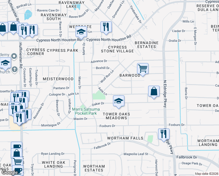 map of restaurants, bars, coffee shops, grocery stores, and more near 11514 Chuckson Drive in Houston