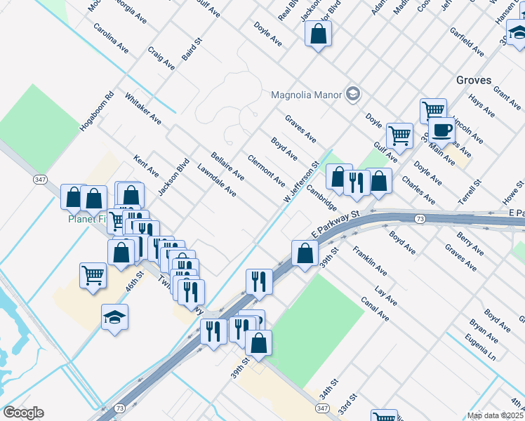 map of restaurants, bars, coffee shops, grocery stores, and more near 4432 Lawndale Ave in Groves