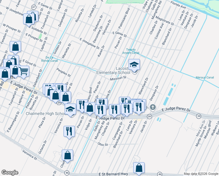 map of restaurants, bars, coffee shops, grocery stores, and more near 2908 Gallo Drive in Chalmette