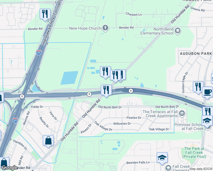 map of restaurants, bars, coffee shops, grocery stores, and more near 15135 Manor Way in Humble