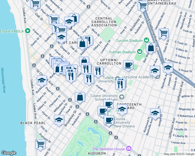 map of restaurants, bars, coffee shops, grocery stores, and more near Broadway St & Zimple St in New Orleans