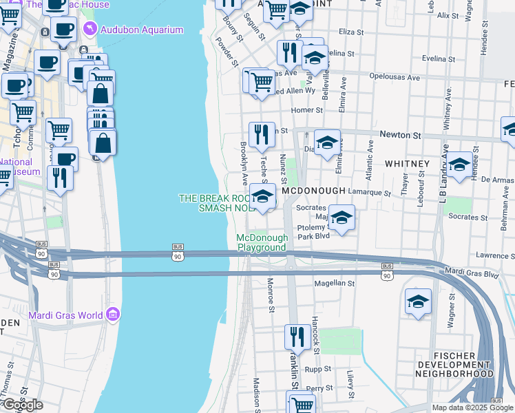 map of restaurants, bars, coffee shops, grocery stores, and more near 326 Socrates St in New Orleans