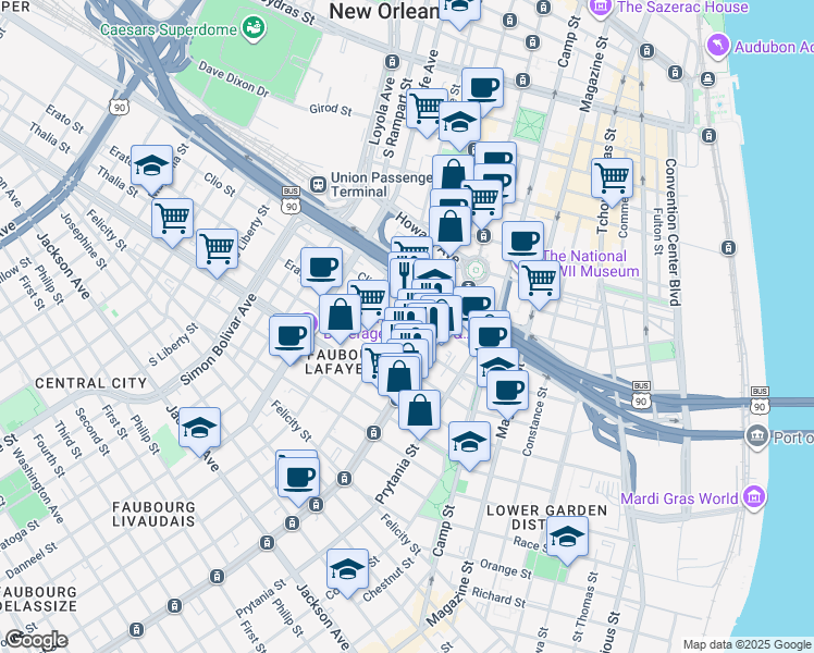 map of restaurants, bars, coffee shops, grocery stores, and more near 1220 Carondelet Street in New Orleans
