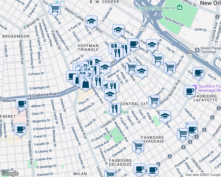 map of restaurants, bars, coffee shops, grocery stores, and more near 2600 Clara Street in New Orleans