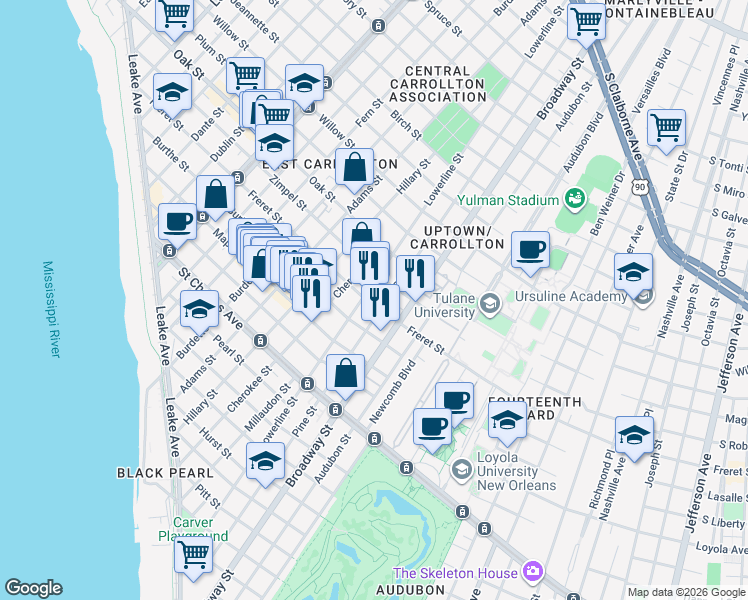 map of restaurants, bars, coffee shops, grocery stores, and more near in New Orleans