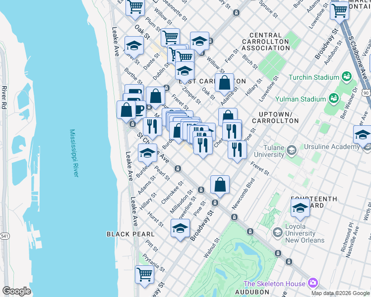 map of restaurants, bars, coffee shops, grocery stores, and more near 7611 Maple Street in New Orleans