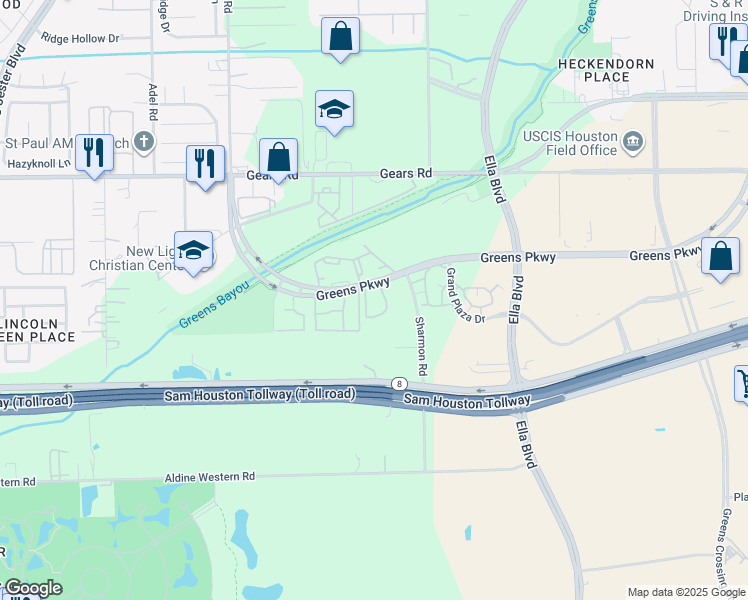 map of restaurants, bars, coffee shops, grocery stores, and more near 1325 Greens Parkway in Houston