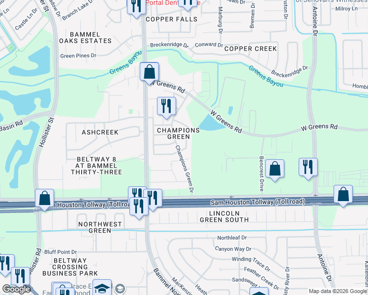 map of restaurants, bars, coffee shops, grocery stores, and more near 5010 Dartmoor Ridge Trail in Houston