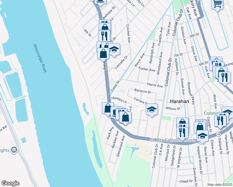 map of restaurants, bars, coffee shops, grocery stores, and more near 405 Folse Street in Harahan