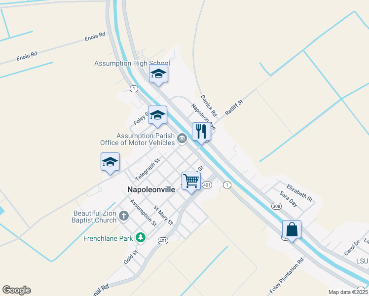 map of restaurants, bars, coffee shops, grocery stores, and more near 4809 Louisiana 1 in Napoleonville