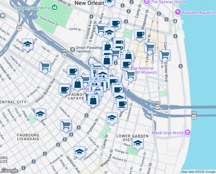 map of restaurants, bars, coffee shops, grocery stores, and more near in New Orleans