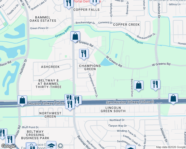 map of restaurants, bars, coffee shops, grocery stores, and more near 5010 Dartmoor Ridge Trail in Houston
