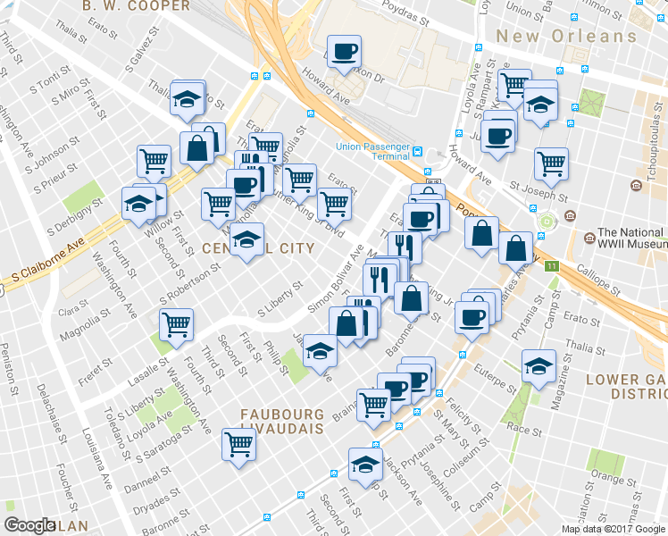 map of restaurants, bars, coffee shops, grocery stores, and more near 1629 Simon Bolivar Avenue in New Orleans
