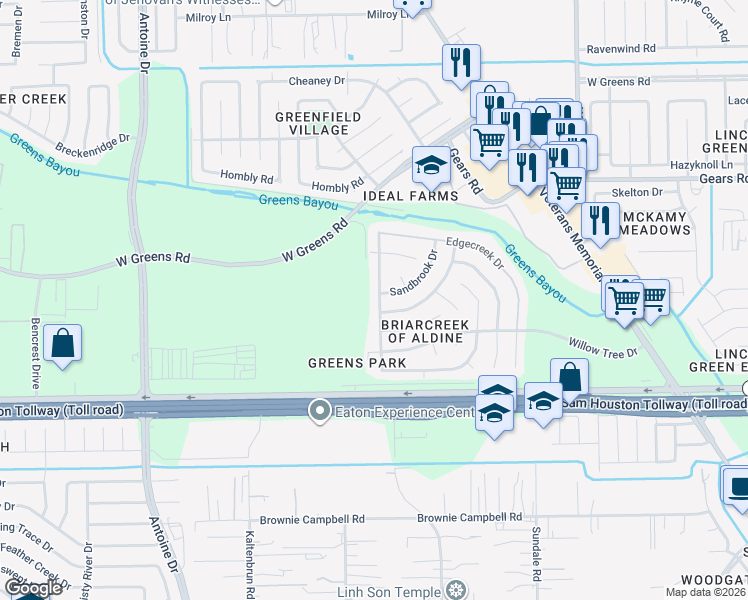 map of restaurants, bars, coffee shops, grocery stores, and more near 14143 Timberhaven Drive in Houston