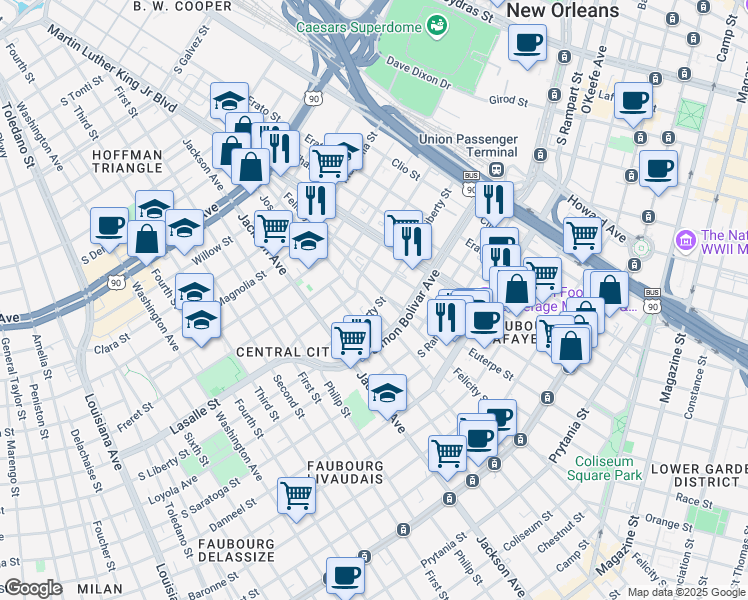 map of restaurants, bars, coffee shops, grocery stores, and more near 1813 South Liberty Street in New Orleans