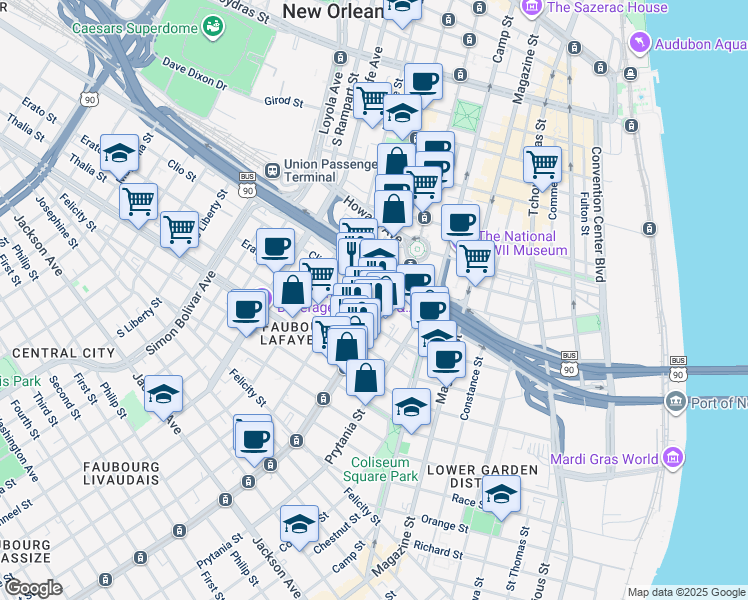 map of restaurants, bars, coffee shops, grocery stores, and more near 1220 Carondelet Street in New Orleans
