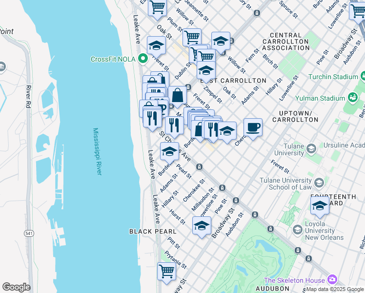 map of restaurants, bars, coffee shops, grocery stores, and more near 7811 Saint Charles Avenue in New Orleans