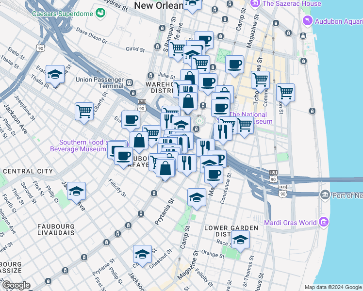 map of restaurants, bars, coffee shops, grocery stores, and more near 1130 Saint Charles Avenue in New Orleans