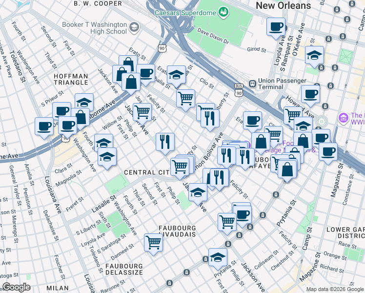 map of restaurants, bars, coffee shops, grocery stores, and more near 1813 South Liberty Street in New Orleans