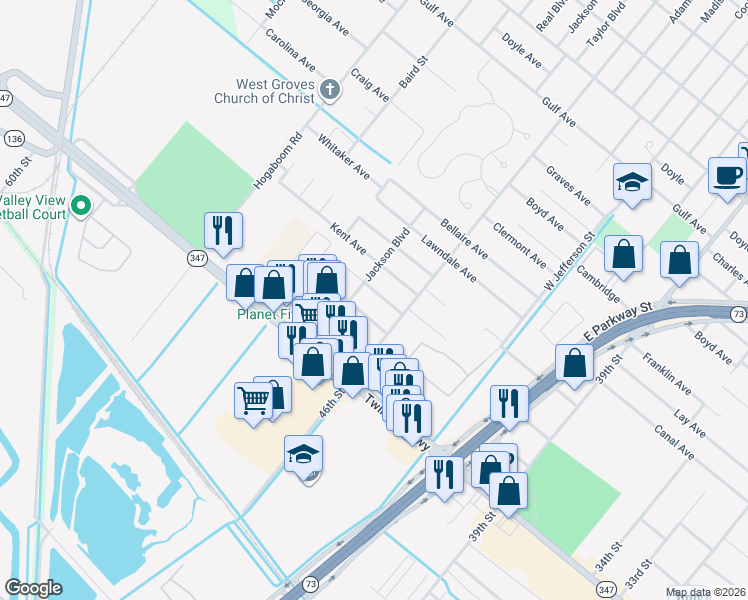 map of restaurants, bars, coffee shops, grocery stores, and more near 4911 Sue Avenue in Groves