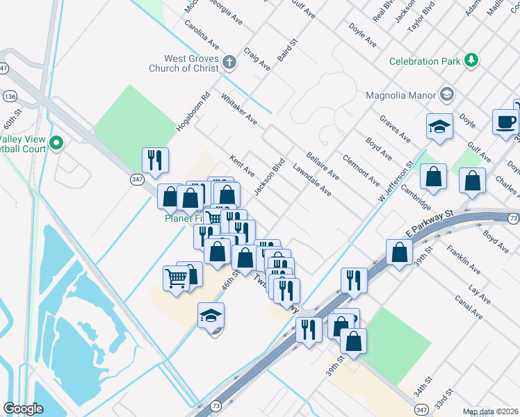 map of restaurants, bars, coffee shops, grocery stores, and more near 4911 Sue Avenue in Groves