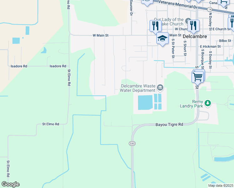 map of restaurants, bars, coffee shops, grocery stores, and more near 703 Julie Street in Delcambre