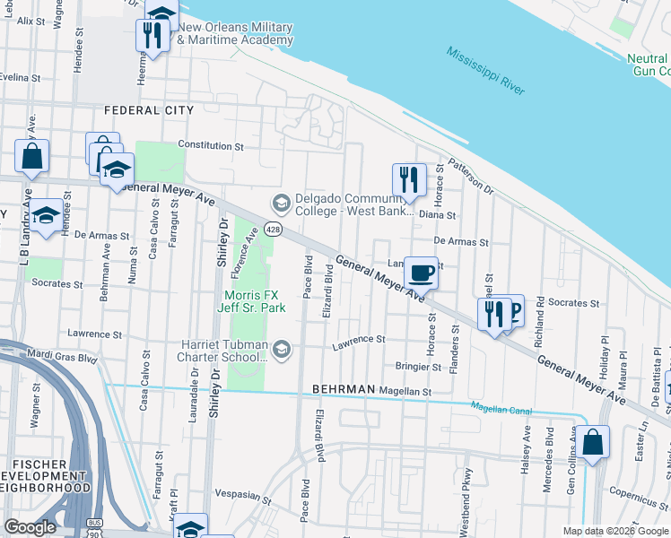 map of restaurants, bars, coffee shops, grocery stores, and more near 1315 Southlawn Boulevard in New Orleans