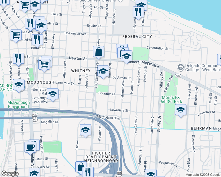 map of restaurants, bars, coffee shops, grocery stores, and more near 1312 Hendee Street in New Orleans