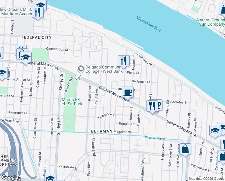 map of restaurants, bars, coffee shops, grocery stores, and more near 3100 General Meyer Avenue in New Orleans