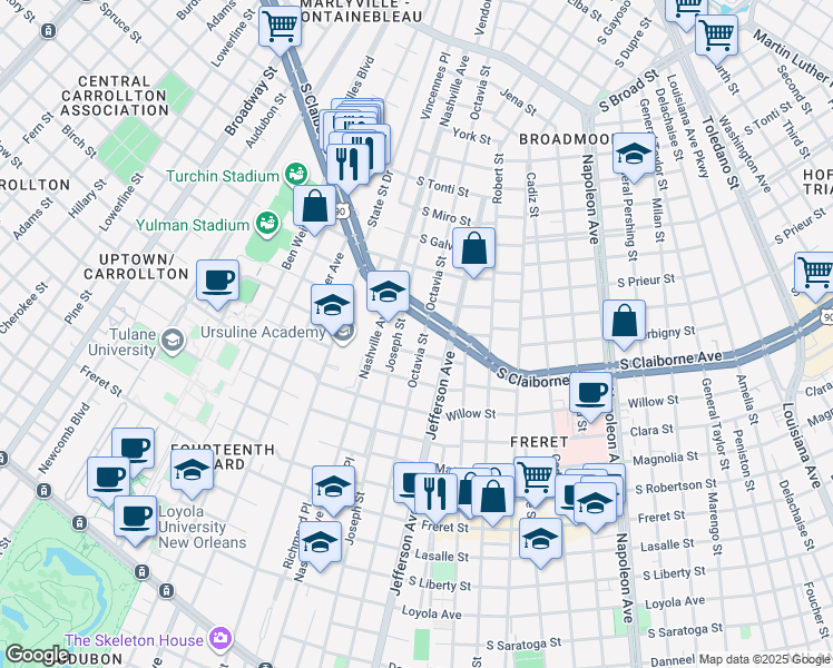 map of restaurants, bars, coffee shops, grocery stores, and more near 2936 Octavia Street in New Orleans
