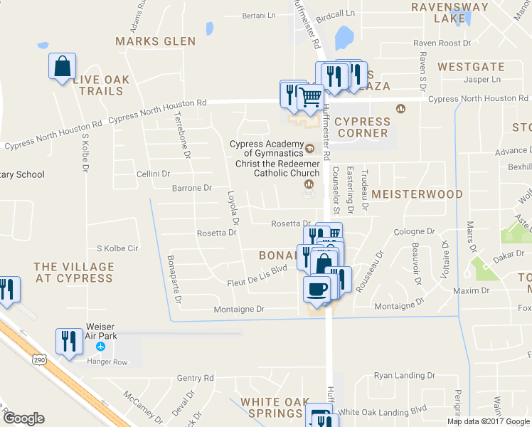 map of restaurants, bars, coffee shops, grocery stores, and more near 14015 Bella Drive in Cypress
