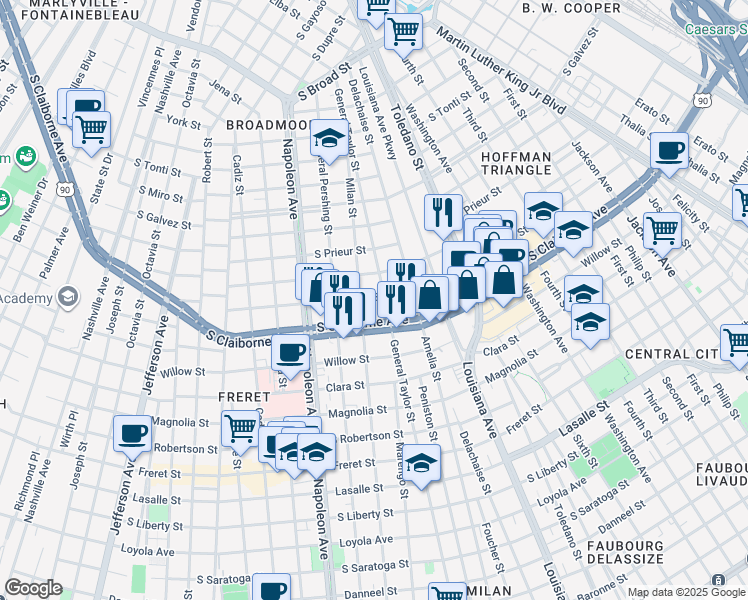 map of restaurants, bars, coffee shops, grocery stores, and more near 4112 South Derbigny Street in New Orleans