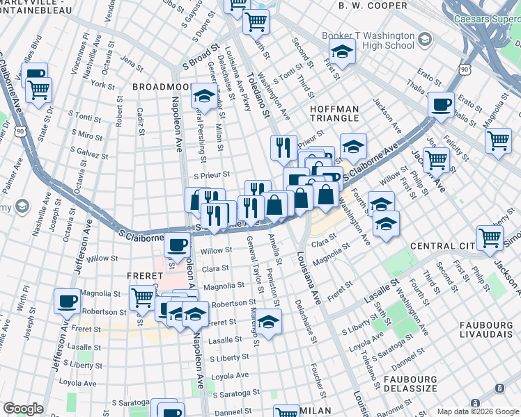 map of restaurants, bars, coffee shops, grocery stores, and more near 3022 Delachaise Street in New Orleans