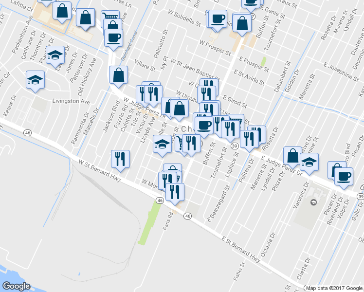map of restaurants, bars, coffee shops, grocery stores, and more near 2426 Montesquieu Street in Chalmette