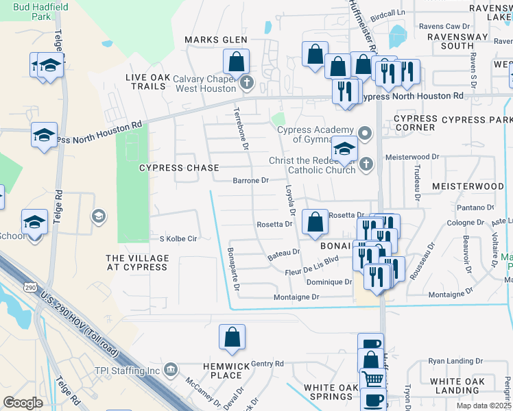 map of restaurants, bars, coffee shops, grocery stores, and more near 14138 Sylvia Drive in Harris County