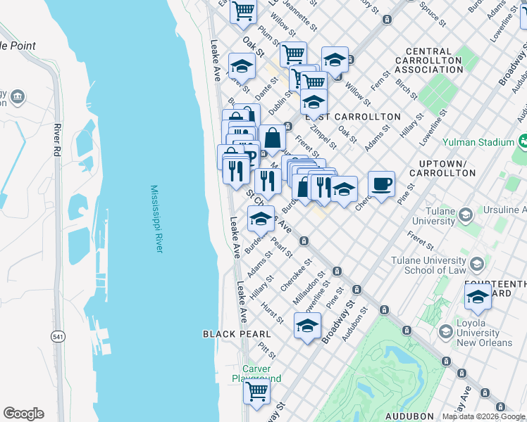 map of restaurants, bars, coffee shops, grocery stores, and more near 7811 Saint Charles Avenue in New Orleans