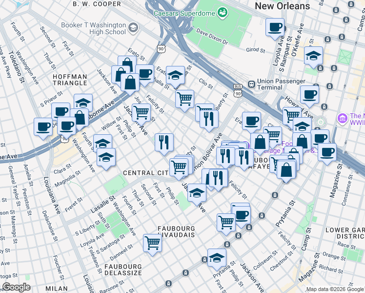 map of restaurants, bars, coffee shops, grocery stores, and more near 1813 South Liberty Street in New Orleans