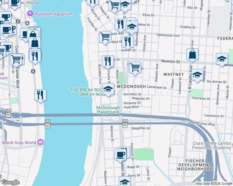 map of restaurants, bars, coffee shops, grocery stores, and more near 1335 Nunez Street in New Orleans
