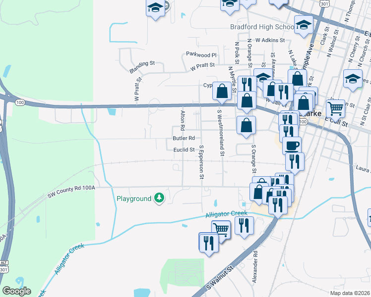 map of restaurants, bars, coffee shops, grocery stores, and more near 518 Alton Road in Starke