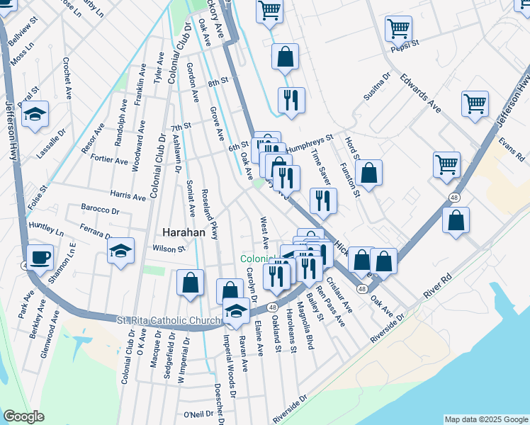 map of restaurants, bars, coffee shops, grocery stores, and more near 431 West Avenue in Harahan