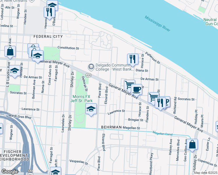 map of restaurants, bars, coffee shops, grocery stores, and more near 1315 Southlawn Boulevard in New Orleans