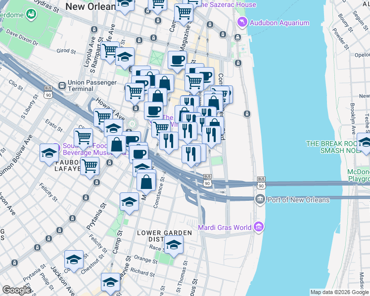 map of restaurants, bars, coffee shops, grocery stores, and more near 1014 Annunciation Street in New Orleans