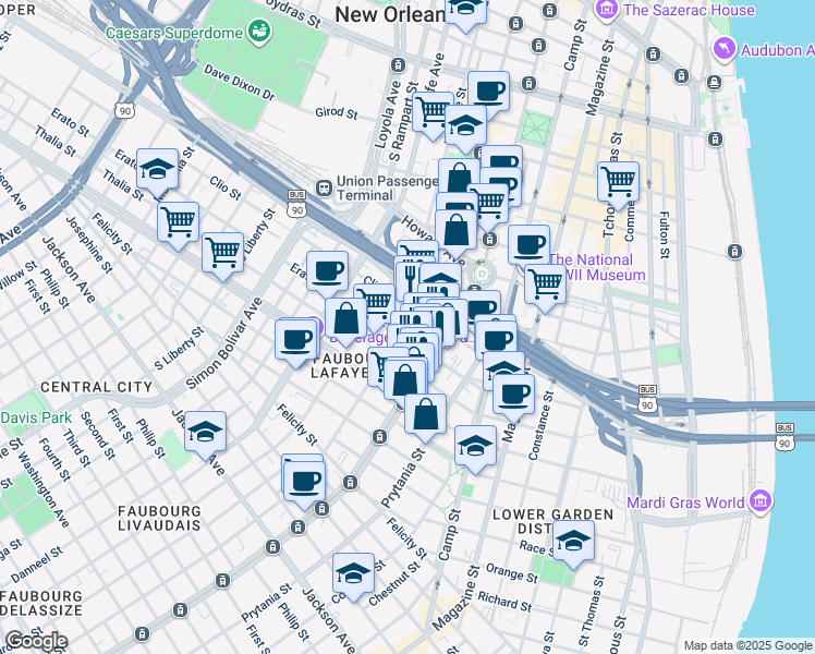 map of restaurants, bars, coffee shops, grocery stores, and more near 1220 Carondelet Street in New Orleans