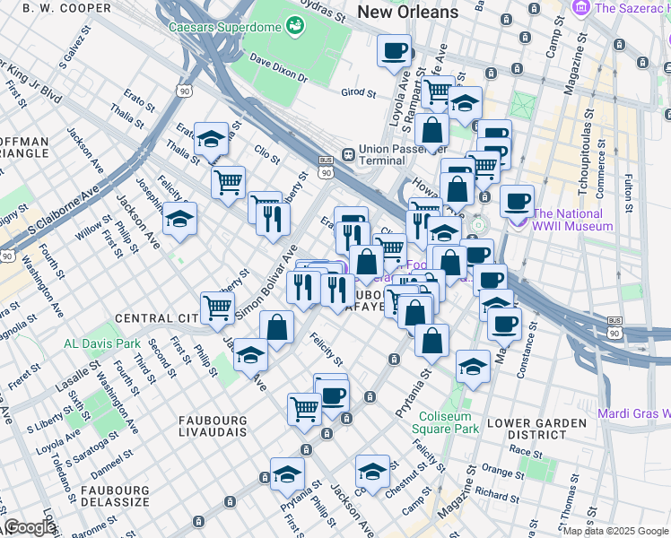 map of restaurants, bars, coffee shops, grocery stores, and more near 1915 Martin Luther King Junior Boulevard in New Orleans